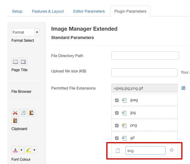 The JCE editor settings