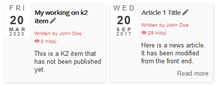 Front end K2 items in module instance